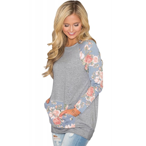 Blue Floral Patchwork Kangaroo Pocket Sweatshirt