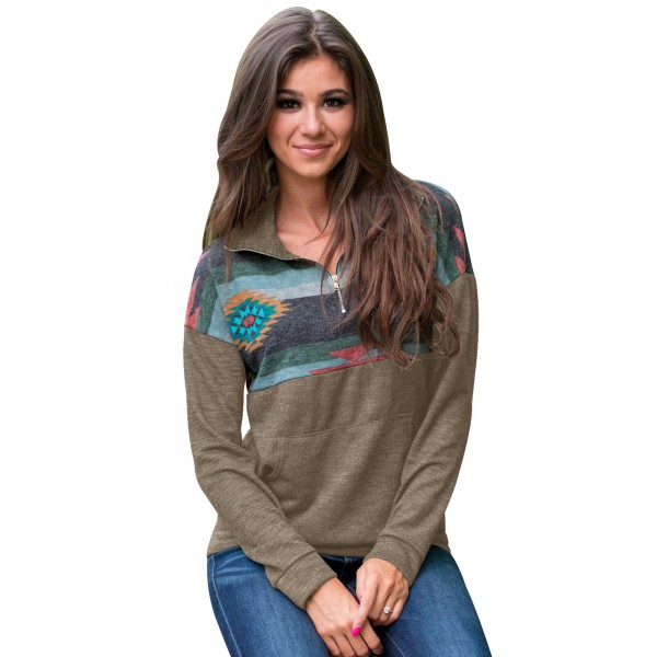 Aztec Print Atop Khaki Pullover Sweatshirt