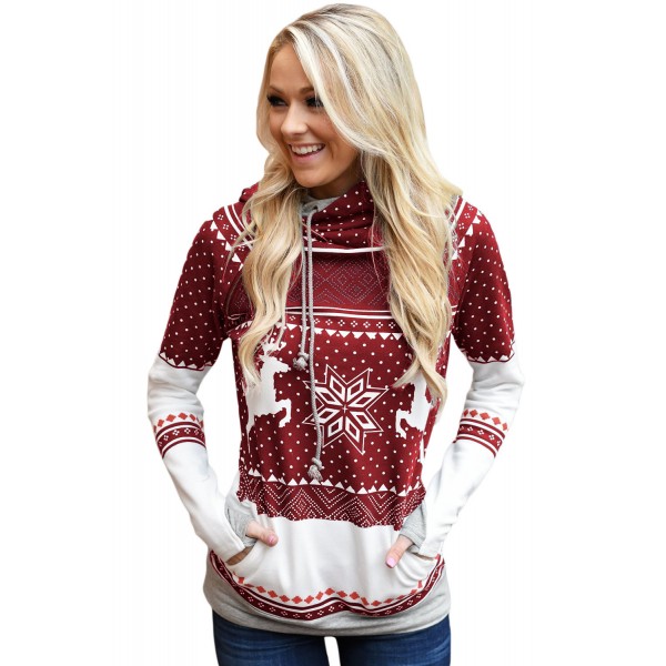 Burgundy Snow Reindeer Double Hooded Sweatshirt