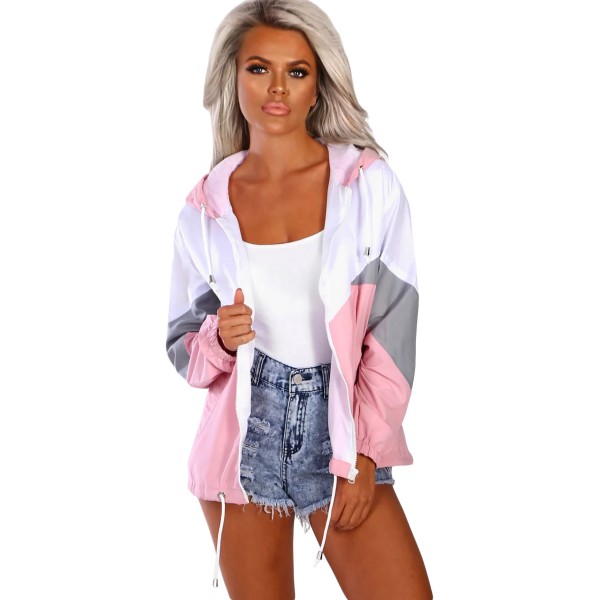 Pink Hooded Triple Color Block Sporty Jacket