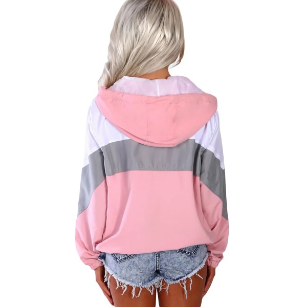 Pink Hooded Triple Color Block Sporty Jacket