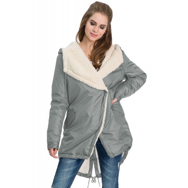 Gray Asymmetric Hooded Fleece Winter Coat