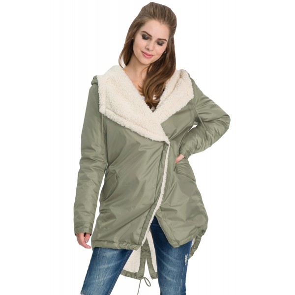 Khaki Asymmetric Hooded Fleece Winter Coat