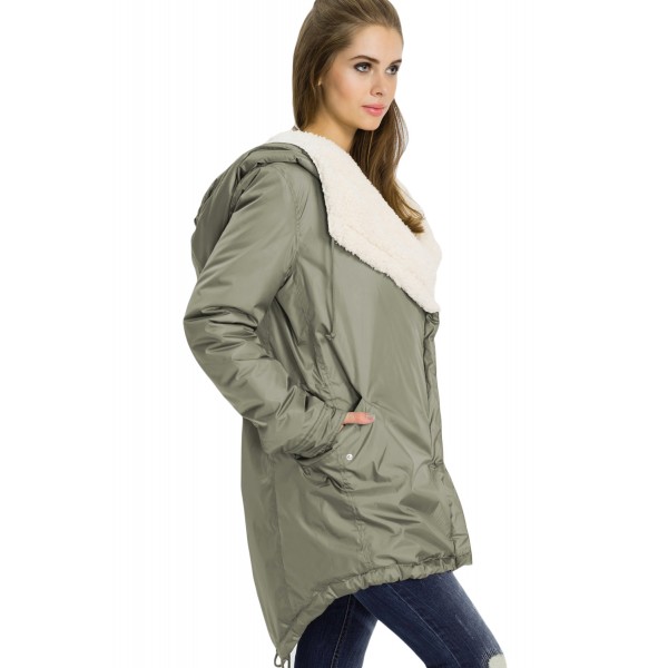 Khaki Asymmetric Hooded Fleece Winter Coat