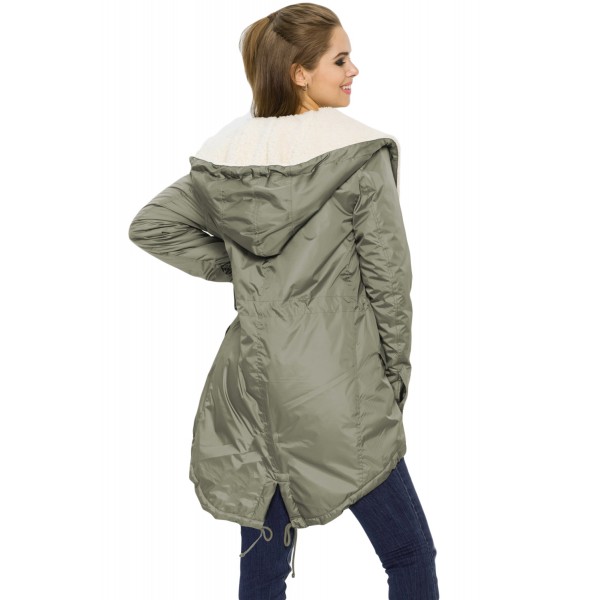 Khaki Asymmetric Hooded Fleece Winter Coat